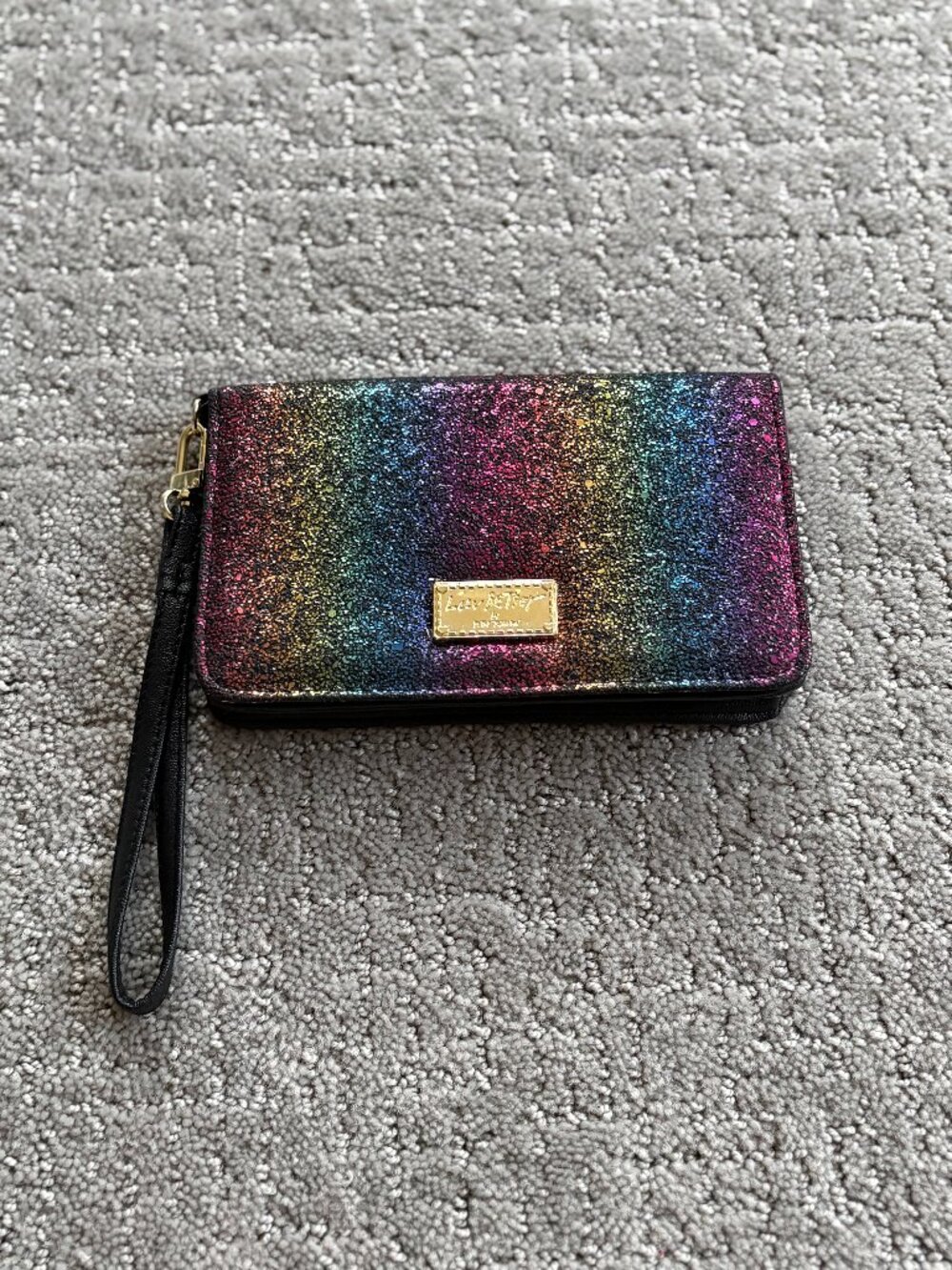Betsey Johnson Set Rainbow Glitter Confetti Zip Around Clutch Wallet Good Cond.